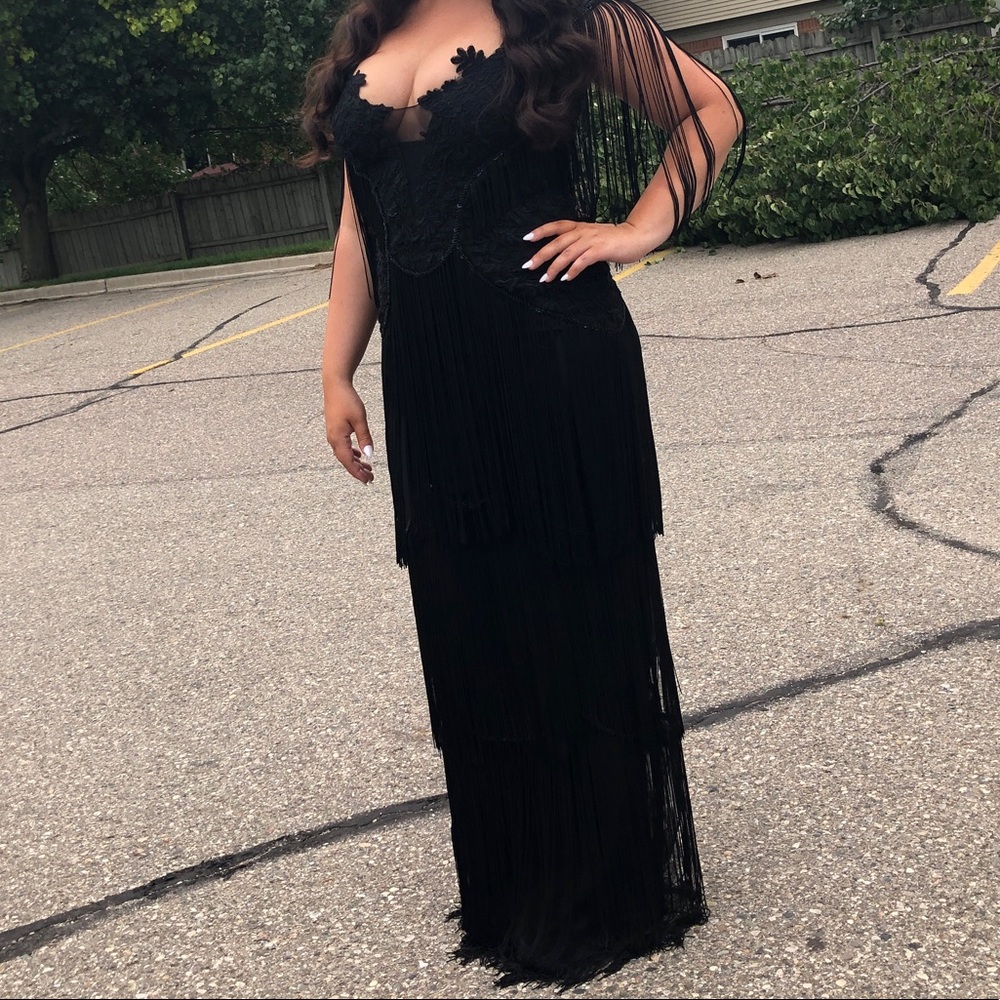 Black fringe evening gown